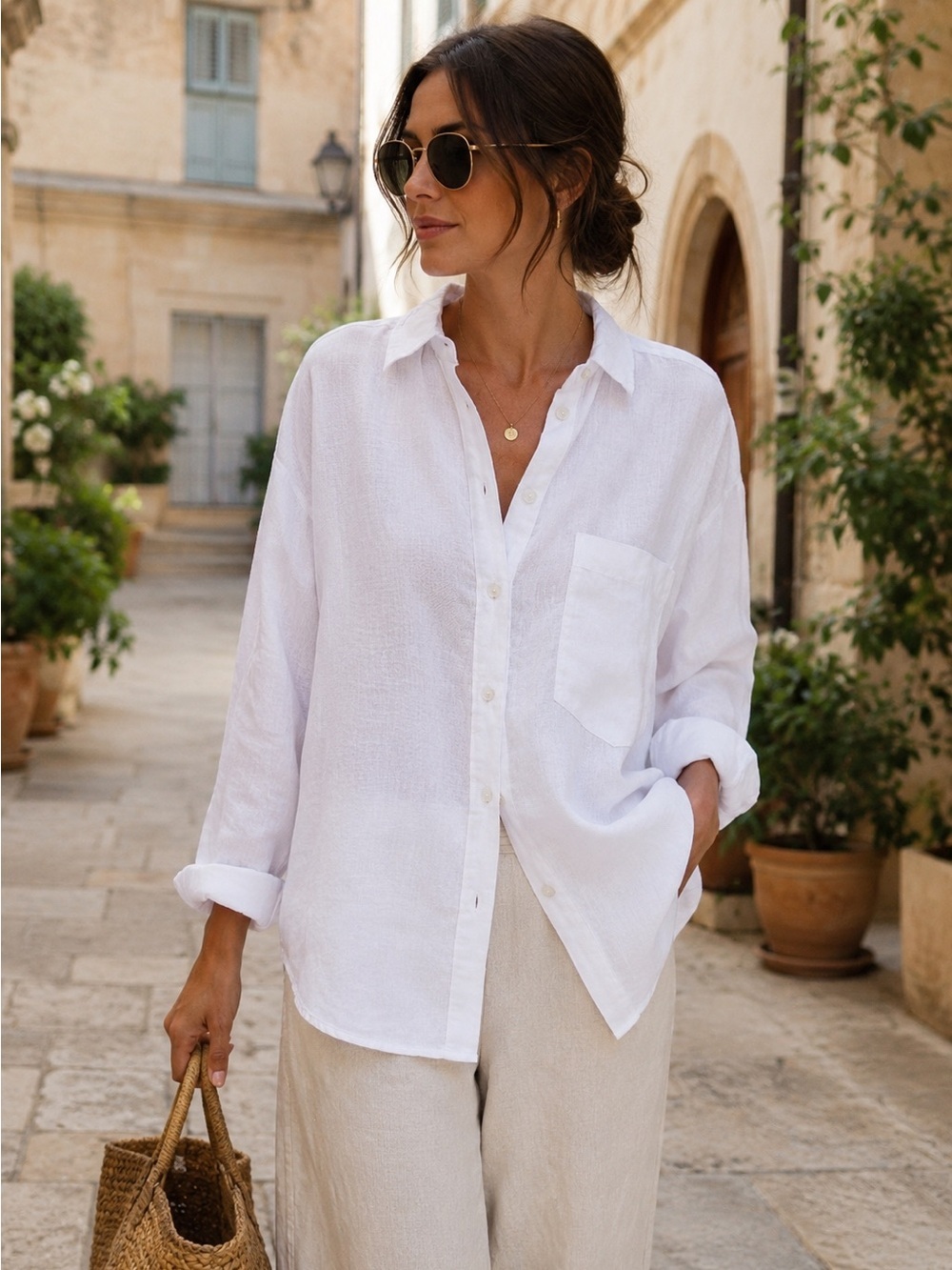 Zara Women’s White Linen Button-Down Shirt Long Sleeve Preppy Resort Euro Summer